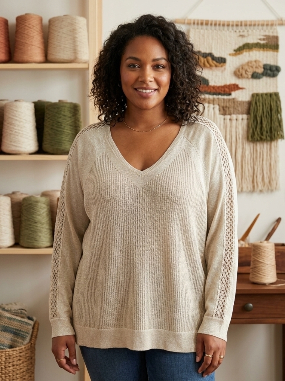 Lucky Brand Women's V-Neck Openwork Sleeve Sweater in Beige